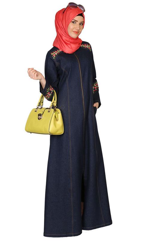 Denim Coat Abaya With Pretty Hand Embroidery (Made-To-Order)