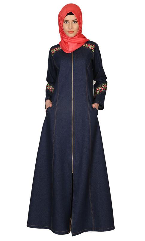 Denim Coat Abaya With Pretty Hand Embroidery