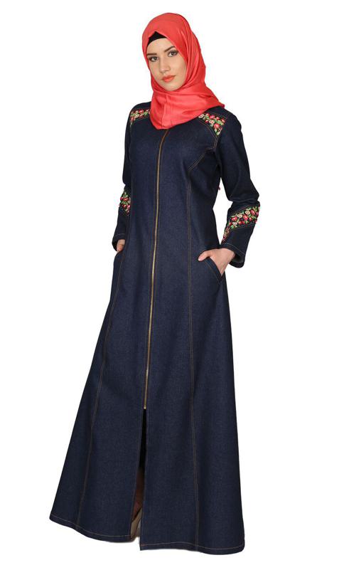 Denim Coat Abaya With Pretty Hand Embroidery