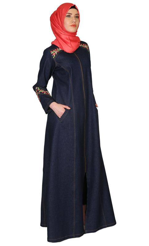 Denim Coat Abaya With Pretty Hand Embroidery