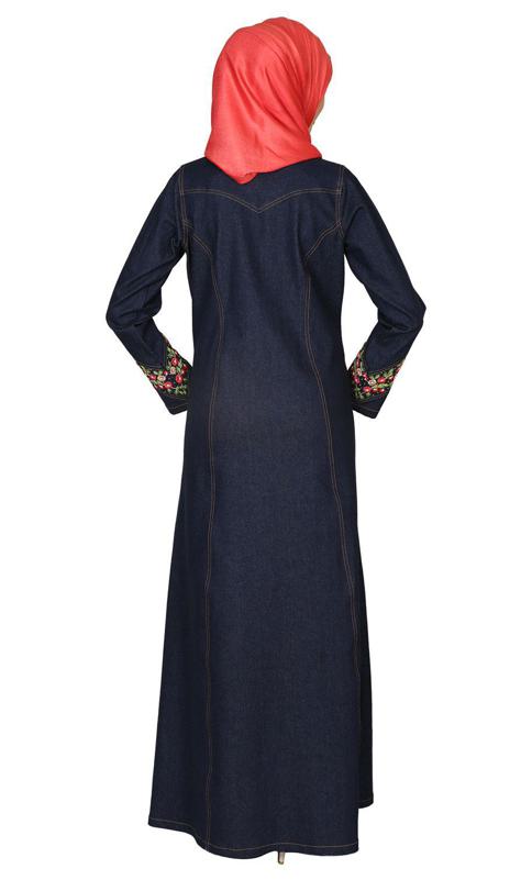 Denim Coat Abaya With Pretty Hand Embroidery