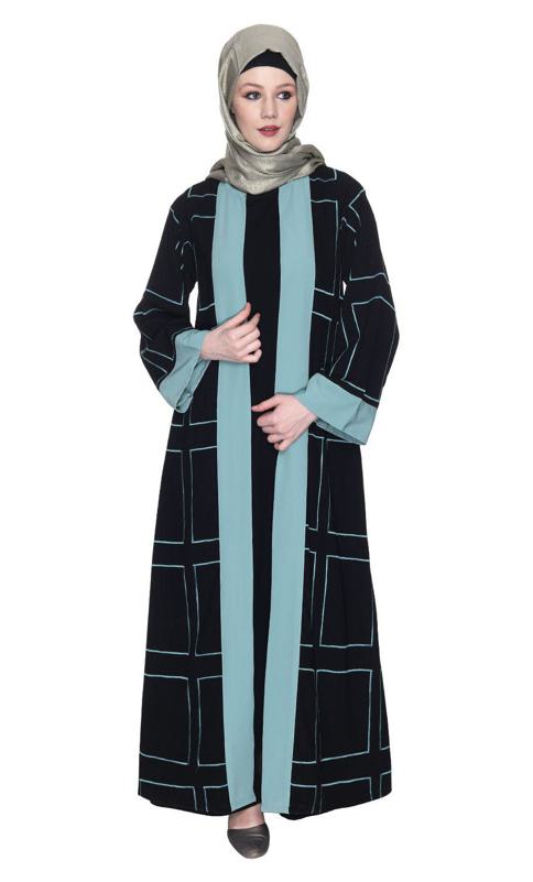Designer Shrug Style Black And Sea Green Closed Abaya