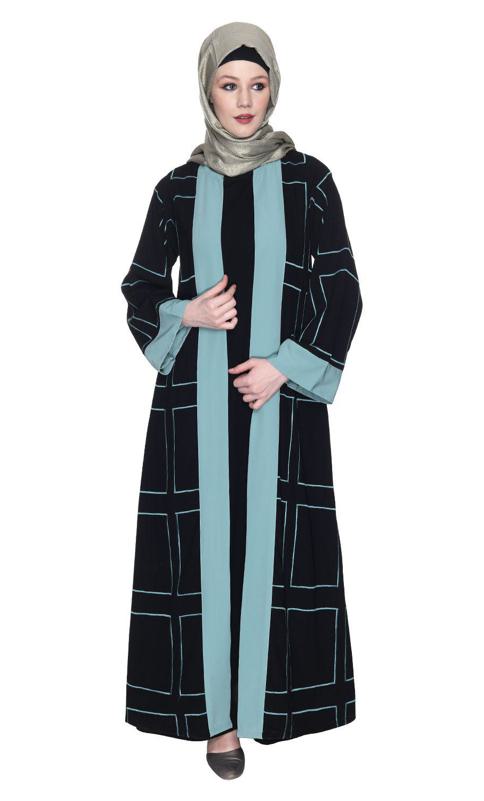 Designer Shrug Style Black And Sea Green Closed Abaya (Made-To-Order)
