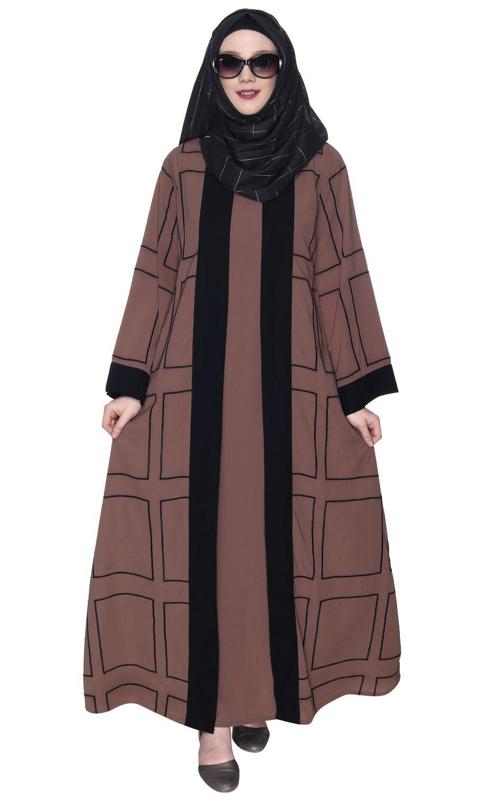 Designer Shrug Style Brown And Black Closed Abaya