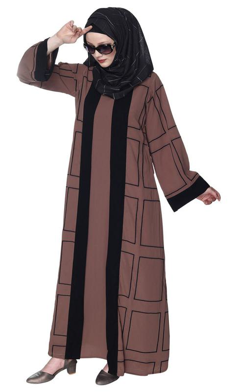Designer Shrug Style Brown And Black Closed Abaya (Made-To-Order)
