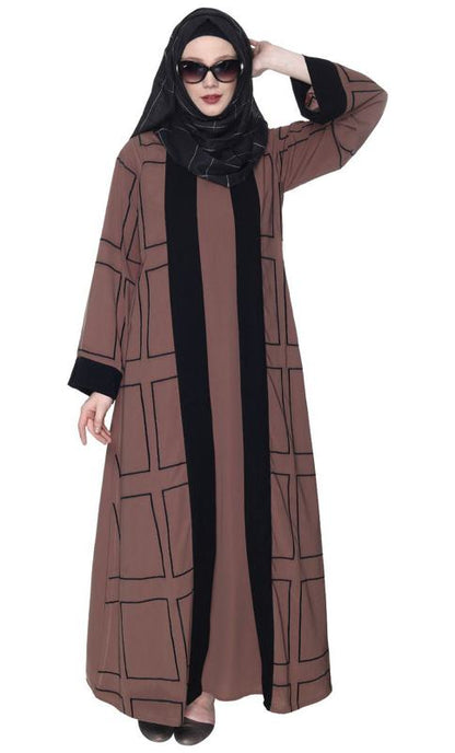 Designer Shrug Style Brown And Black Closed Abaya (Made-To-Order)