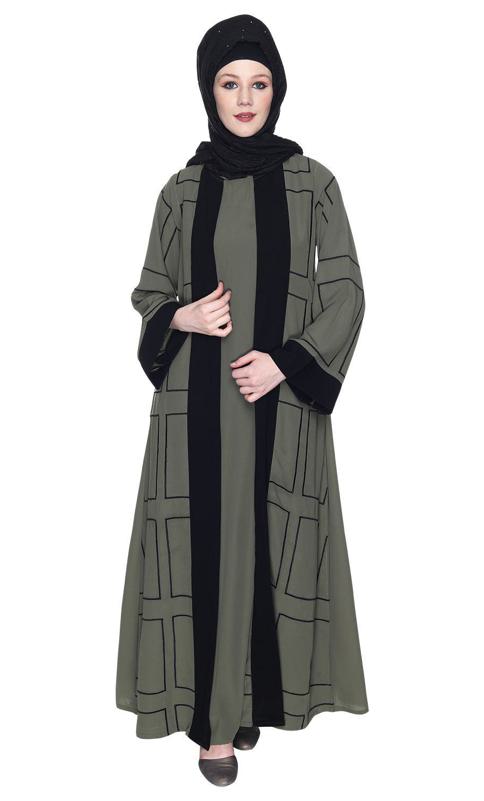 Designer Shrug Style Dead Mint And Black Closed Abaya (Made-To-Order)