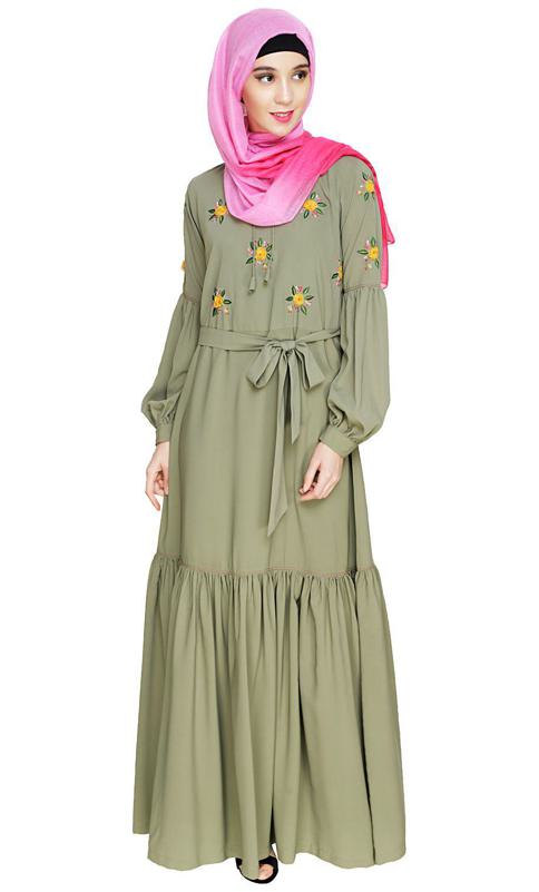 Dreamy Floral Embroidered Dead Mint Abaya