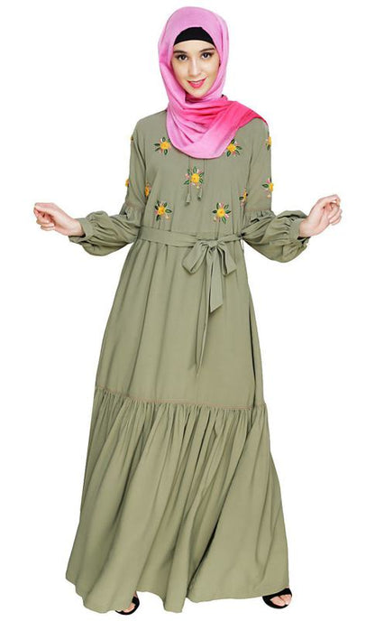 Dreamy Floral Embroidered Dead Mint Abaya (Made-To-Order)