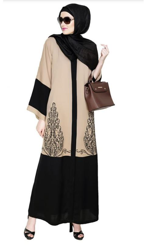 Eden Dubai Style Beige And Black Embroidered Abaya