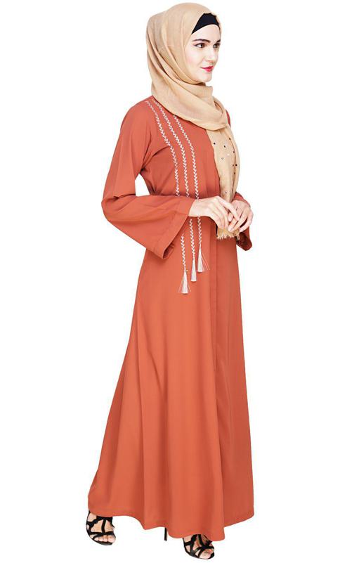 Elegant Brick Red Embroidered Abaya