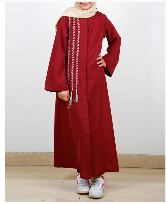 Elegant Brick Red Embroidered Kids Abaya (Made-To-Order)