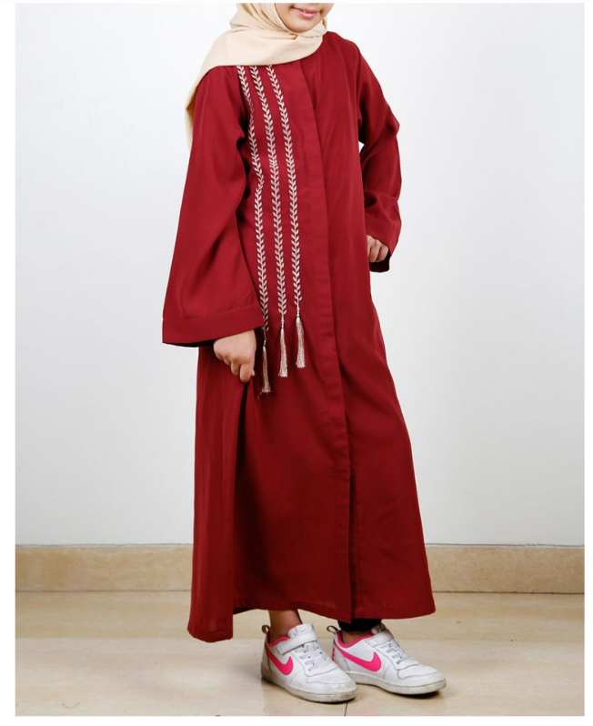 Elegant Brick Red Embroidered Kids Abaya (Made-To-Order)