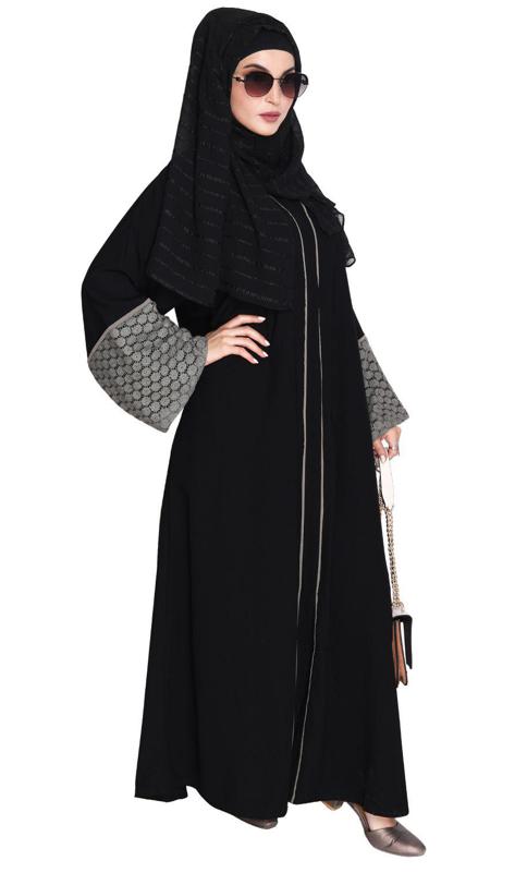 Elegant Crochet Lace Imperial Black Dubai Style Abaya (Made-To-Order)