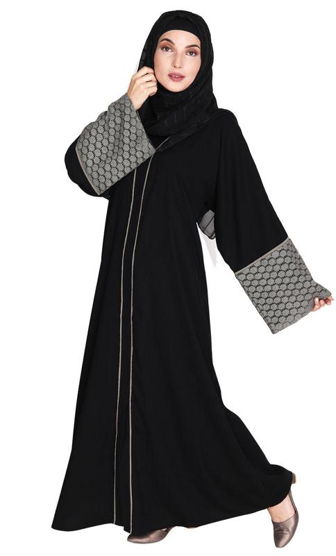 Elegant Crochet Lace Imperial Black Dubai Style Abaya (Made-To-Order)