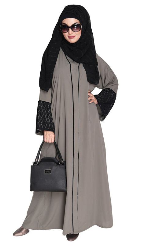 Elegant Crochet Lace Imperial Grey Dubai Style Abaya (Made-To-Order)