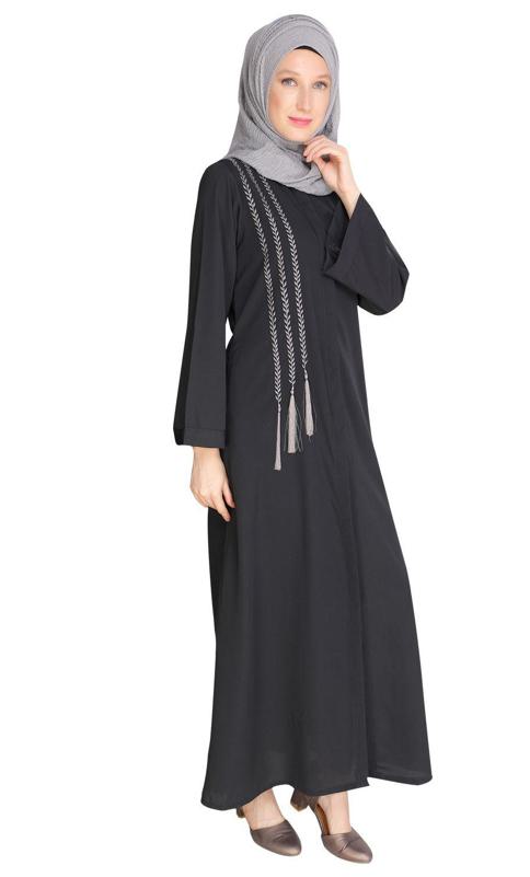 Elegant Dark Grey Embroidered Abaya (Ready-To-Ship)