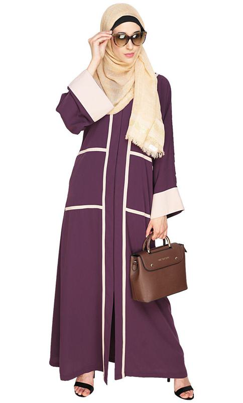 Elegant Purple Dubai Style Abaya With Beige Detailing (Made-To-Order)