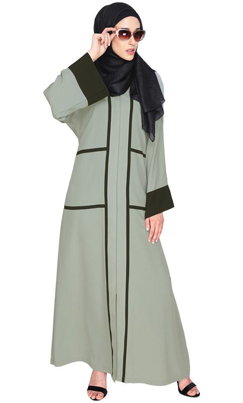 Elegant Sage Green Dubai Style Abaya With Black Detailing