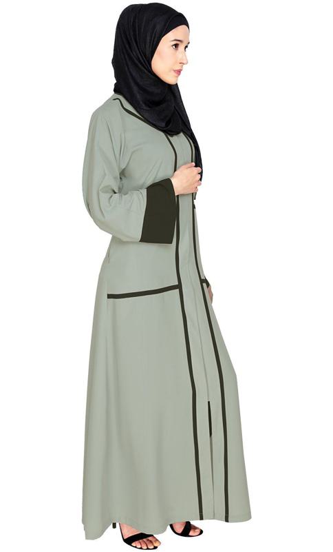 Elegant Sage Green Dubai Style Abaya With Black Detailing (Made-To-Order)