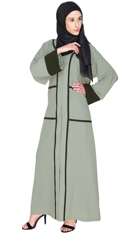 Elegant Sage Green Dubai Style Abaya With Black Detailing (Made-To-Order)