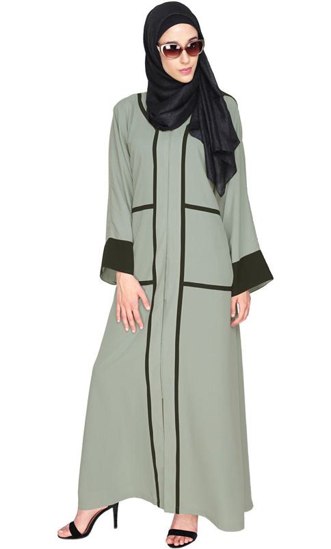 Elegant Sage Green Dubai Style Abaya With Black Detailing (Made-To-Order)