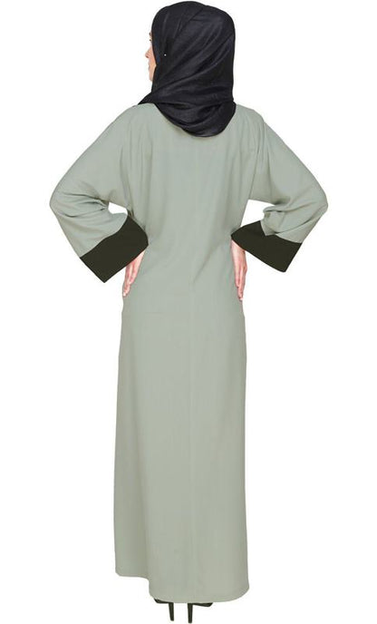 Elegant Sage Green Dubai Style Abaya With Black Detailing (Made-To-Order)