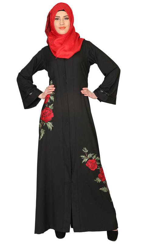 Elegant Silk Thread Rose Embroidered Abaya (Made-To-Order)