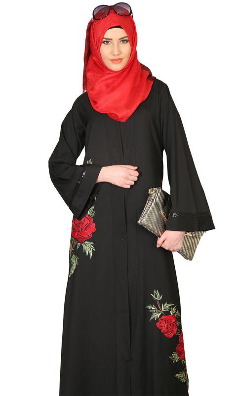 Elegant Silk Thread Rose Embroidered Abaya (Made-To-Order)