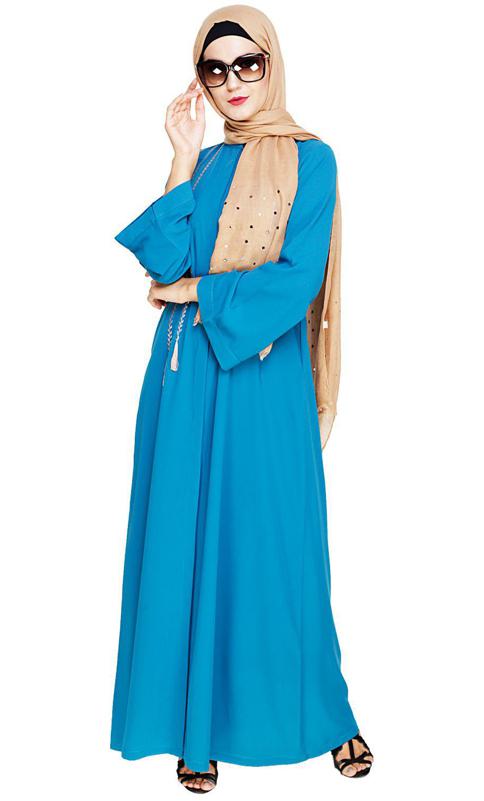 Elegant Teal Blue Embroidered Abaya (Made-To-Order)