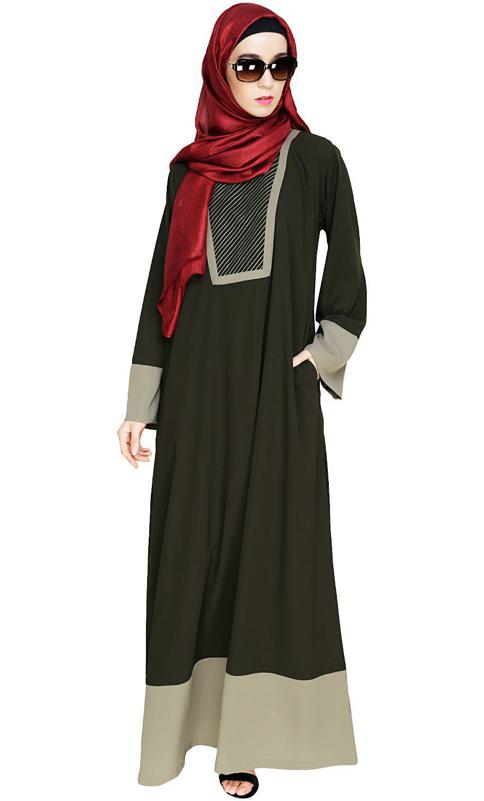 Embroidered Yoke Olive Dubai Style Abaya