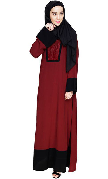 Embroidered Yoke Wine Dubai Style Abaya