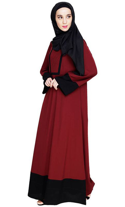 Embroidered Yoke Wine Dubai Style Abaya