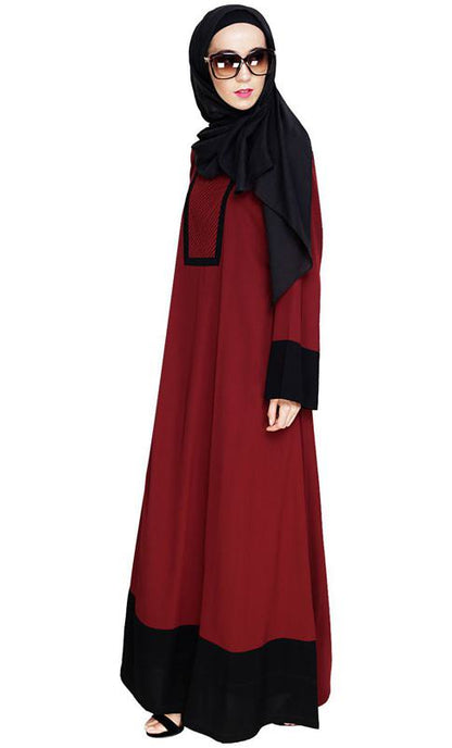 Embroidered Yoke Wine Dubai Style Abaya