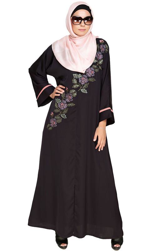 Enchanted Floral Embroidery Brown Dubai Style Abaya