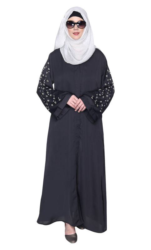 Enchanting Dark Grey Abaya With Sparkling Hand-Embroidered Sleeves (Made-To-Order)