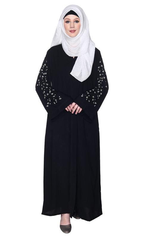 Enchanting Deep Black Abaya With Sparkling Hand-Embroidered Sleeves