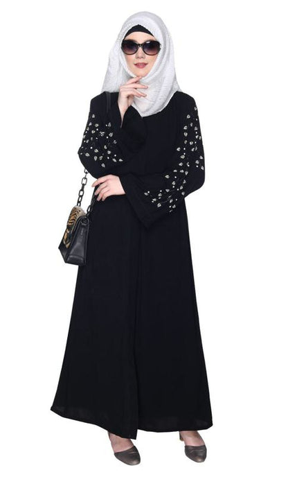 Enchanting Deep Black Abaya With Sparkling Hand-Embroidered Sleeves (Made-To-Order)