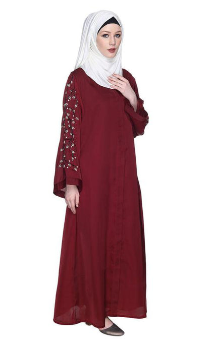 Enchanting Maroon Abaya With Sparkling Hand-Embroidered Sleeves (Made-To-Order)