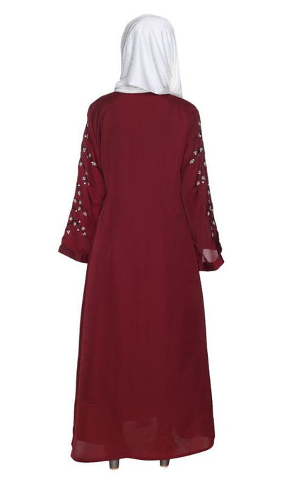 Enchanting Maroon Abaya With Sparkling Hand-Embroidered Sleeves (Made-To-Order)