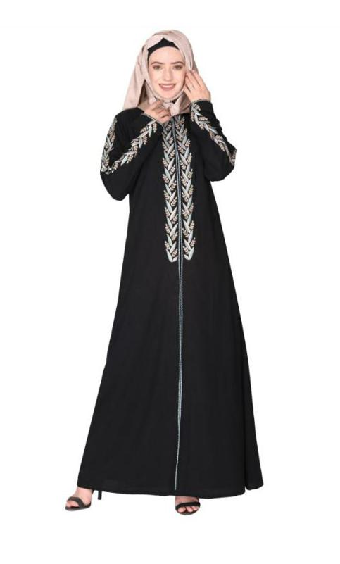 Exclusive Black Abaya With Turquoise And Gold Leaf Embroidery