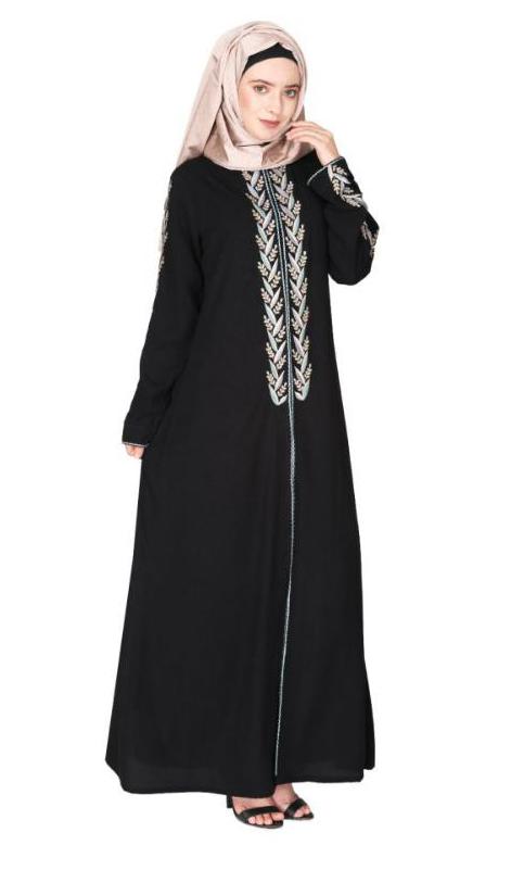 Exclusive Black Abaya With Turquoise And Gold Leaf Embroidery