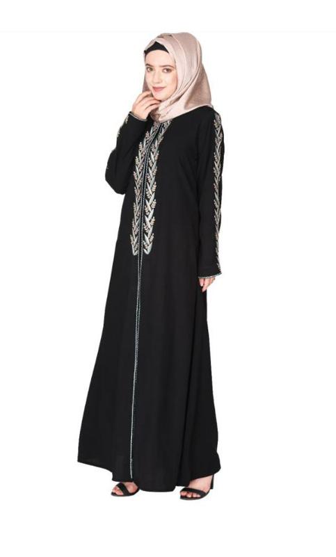 Exclusive Black Abaya With Turquoise And Gold Leaf Embroidery