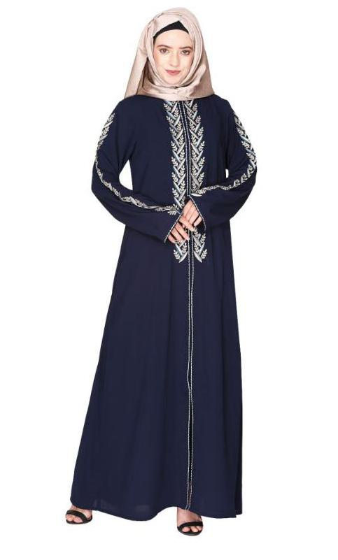 Exclusive Blue Abaya With Turquoise And Gold Leaf Embroidery