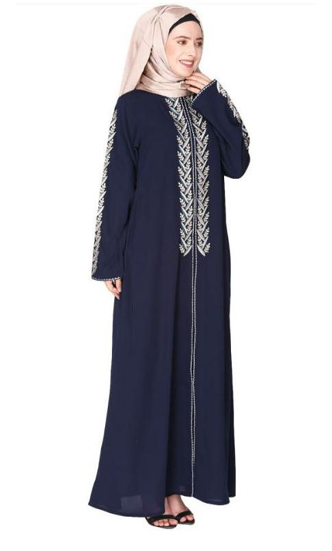 Exclusive Blue Abaya With Turquoise And Gold Leaf Embroidery