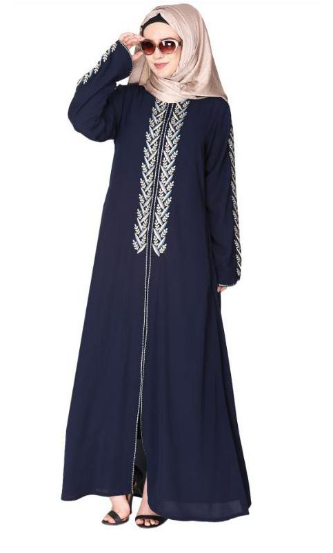 Exclusive Blue Abaya With Turquoise And Gold Leaf Embroidery