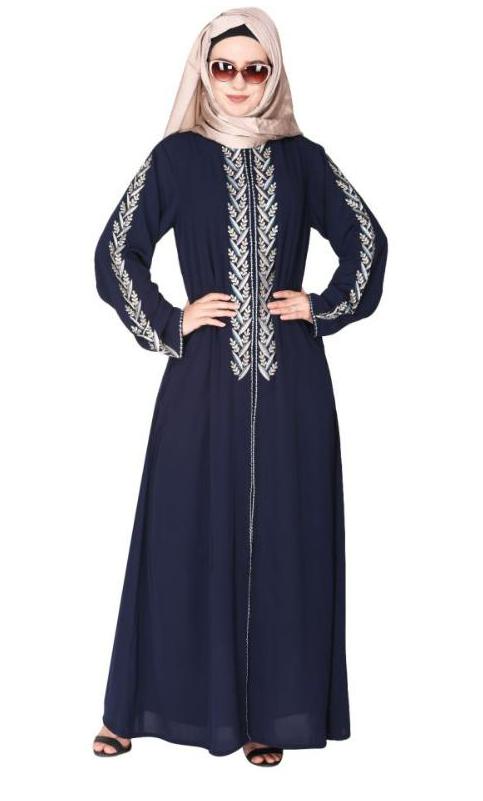 Exclusive Blue Abaya With Turquoise And Gold Leaf Embroidery