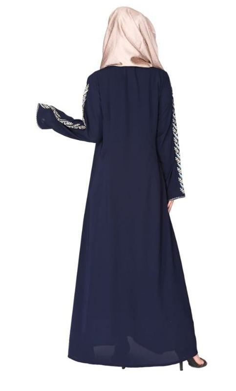 Exclusive Blue Abaya With Turquoise And Gold Leaf Embroidery