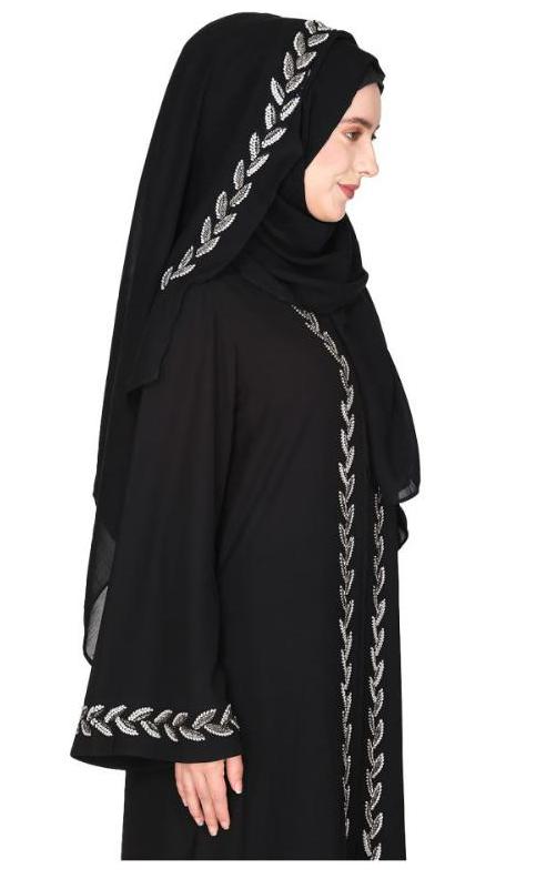 Extraordinary Pearl Drop Leaves Black Abaya