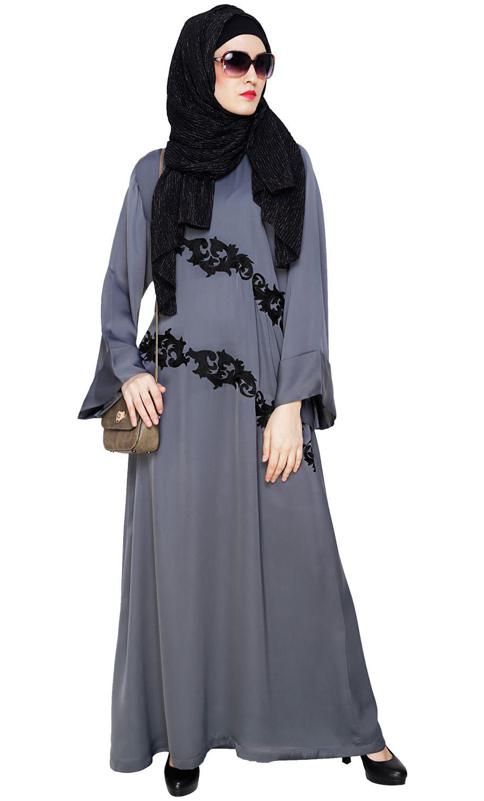 Fancy Embroidered Grey Dubai Style Abaya